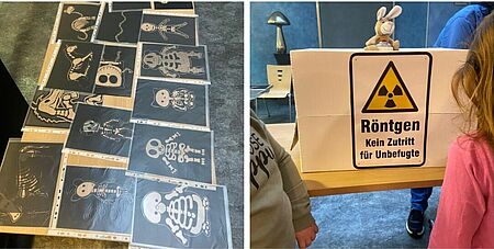 Oben: Eine Gruppe Kinder steht vor einem Tisch mit verschiedenen Modellen. Eine Person zeigt ihnen etwas. Unten links: Schwarze Blätter mit weißen Zeichnungen liegen auf einem Tisch. Unten rechts: Ein Schild mit einem gelben Warnzeichen. Darauf steht „Achtung Röntgen“.