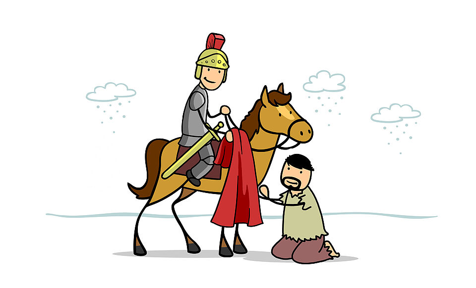 Der Comic zeigt Sankt Martin auf seinem Pferd, sein Schwert hängt am Sattel und einen Ritterhelm auf dem Kopf. In seiner Hand hält der seinen roten Mantel, vor ihm kniet ein Mann in einfacher und farbloser Kleidung. Beide Figuren haben einen freundlichen Gesichtsausdruck.